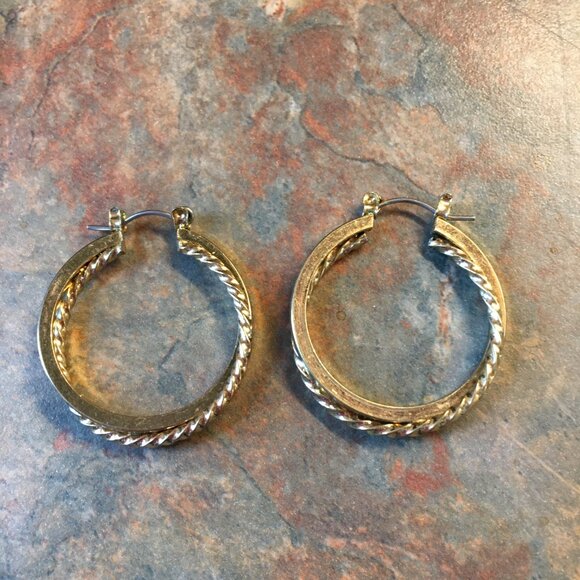 Goldtone Twist And Solid Double Hoop Pierced Earrings - Picture 5 of 5